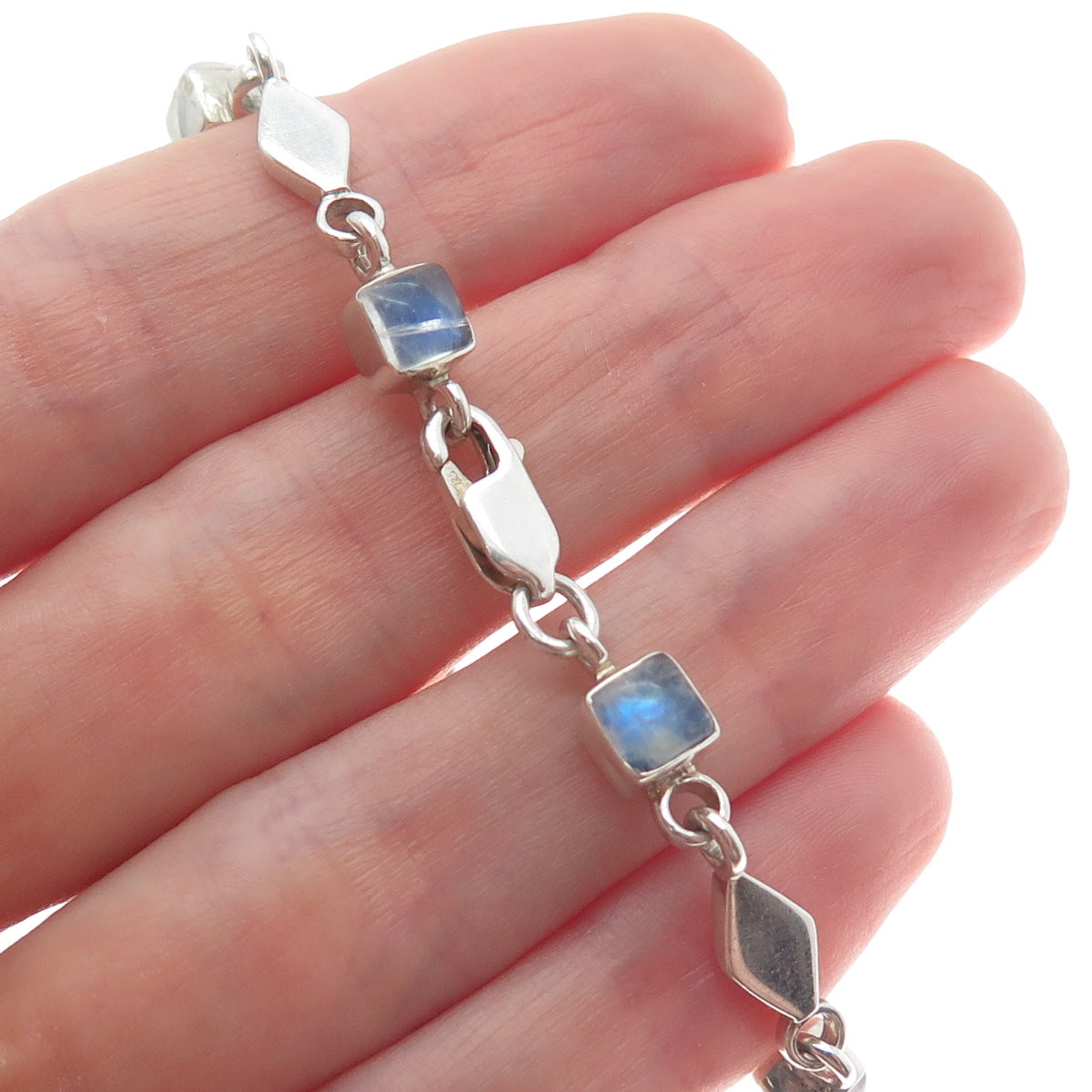DOUG PAULUS Sterling Silver Vintage Real Moonstone Geometric Link Bracelet 7"