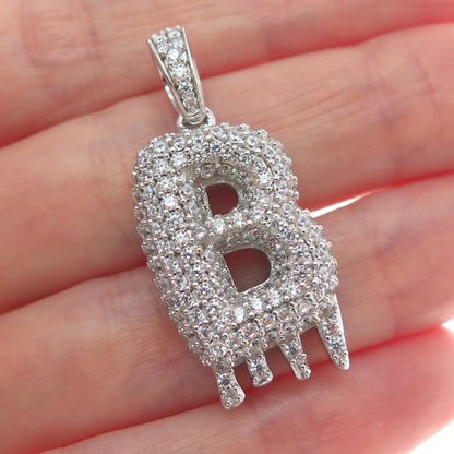925 Sterling Silver Round-Cut Shaped C Z Letter B Initial Sparkle Pendant