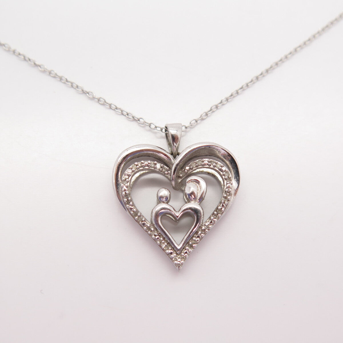 925 Sterling Silver SUN Real White Diamond Mom & Baby Heart Chain Necklace 15"