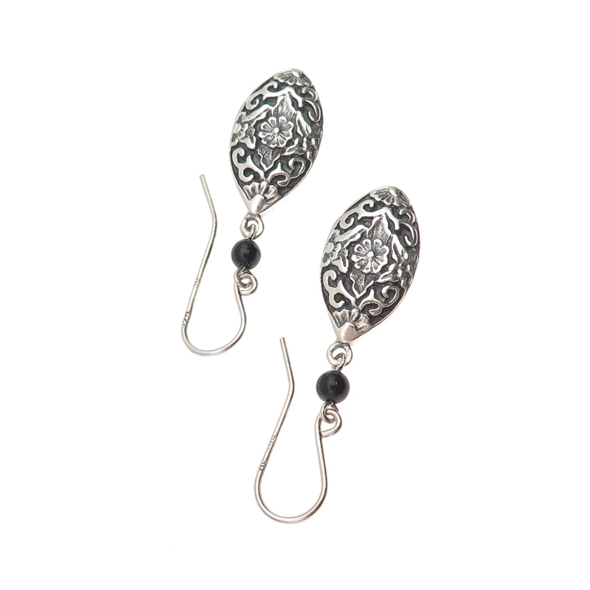 925 Sterling Silver Vintage Real Black Onyx Floral Oxidized Dangle Earrings