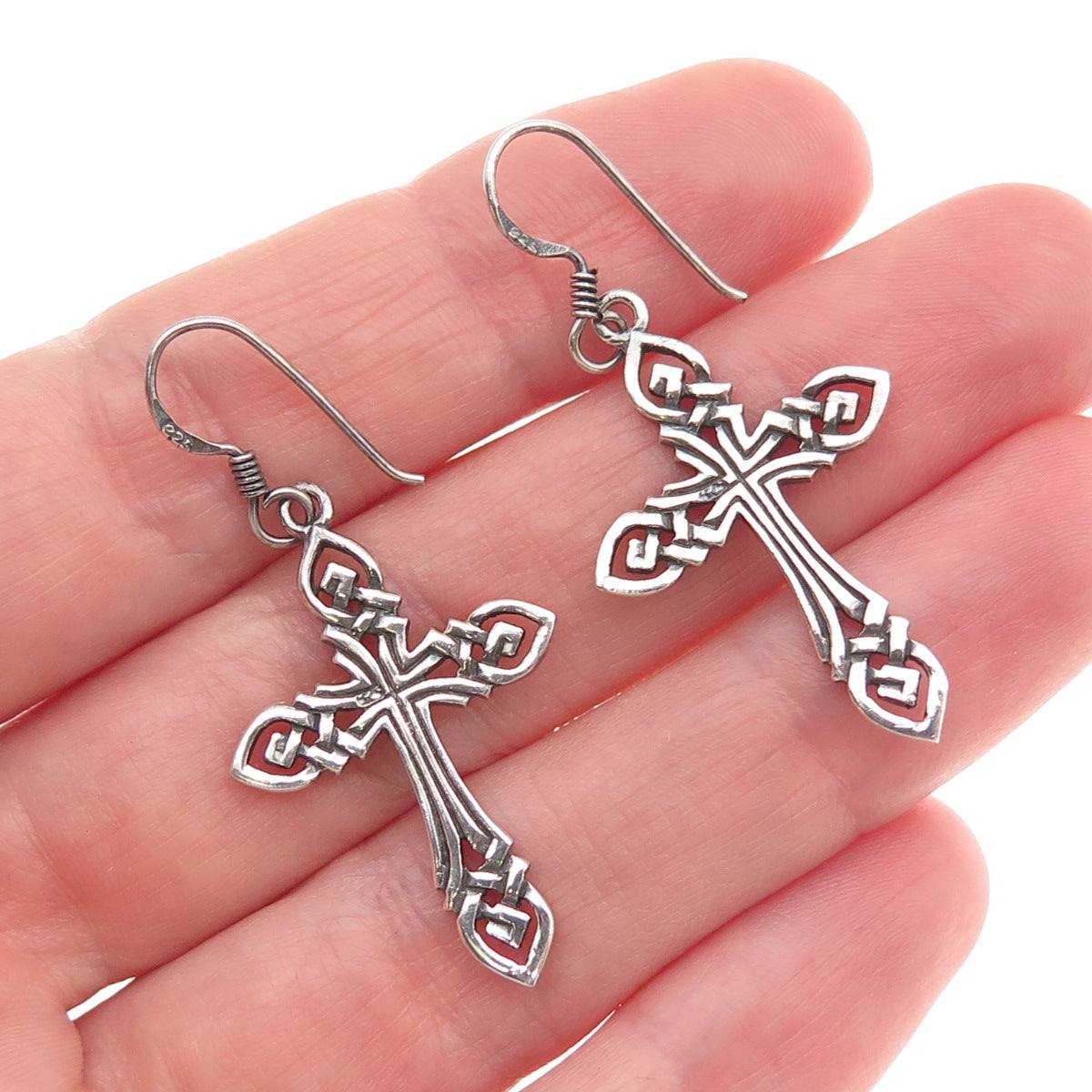 925 Sterling Silver Vintage Celtic Cross Oxidized Dangle Earrings