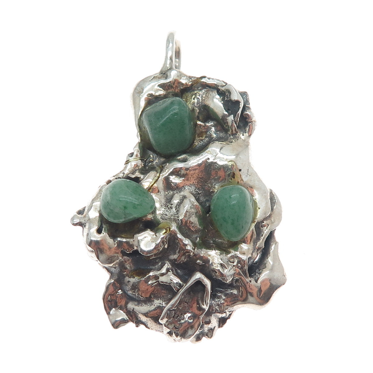 925 Sterling Silver Vintage Real Aventurine Modernist Brutalist Oxidized Pendant