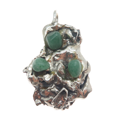 925 Sterling Silver Vintage Real Aventurine Modernist Brutalist Oxidized Pendant