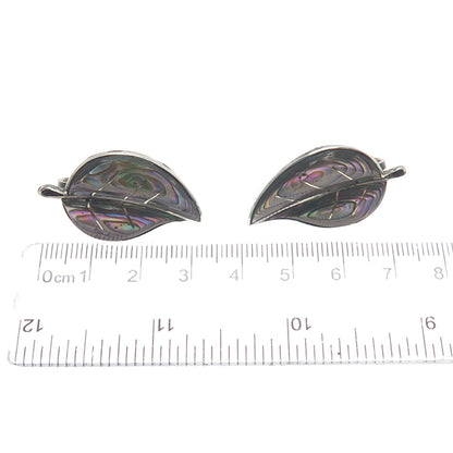 925 Sterling Silver Vintage Mexico Abalone Shell Floral Leaf Screw Back Earrings