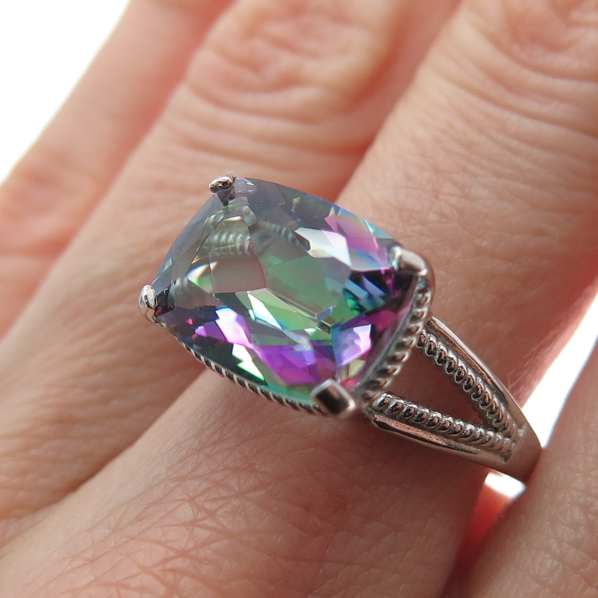 925 Sterling Silver Real Mystic Quartz Roped Bezel Ring Size 7.25