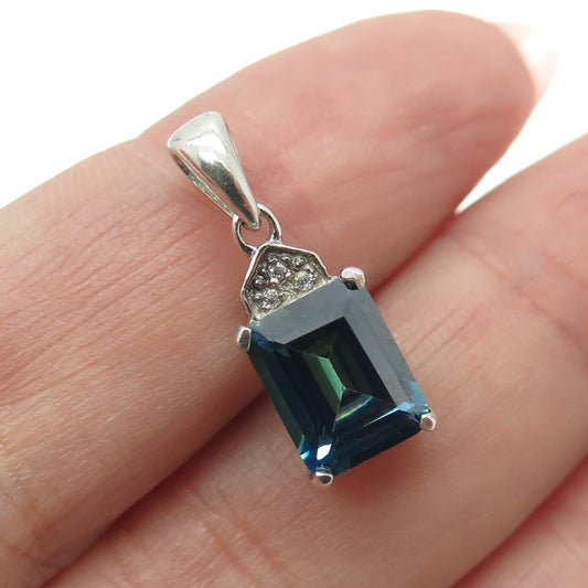 925 Sterling Silver Emerald-Cut Peacock & White C Z Minimalist Pendant