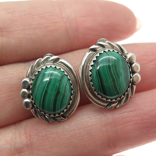 Old Pawn 925 Sterling Silver Vintage Southwestern Malachite Clip On Earrings