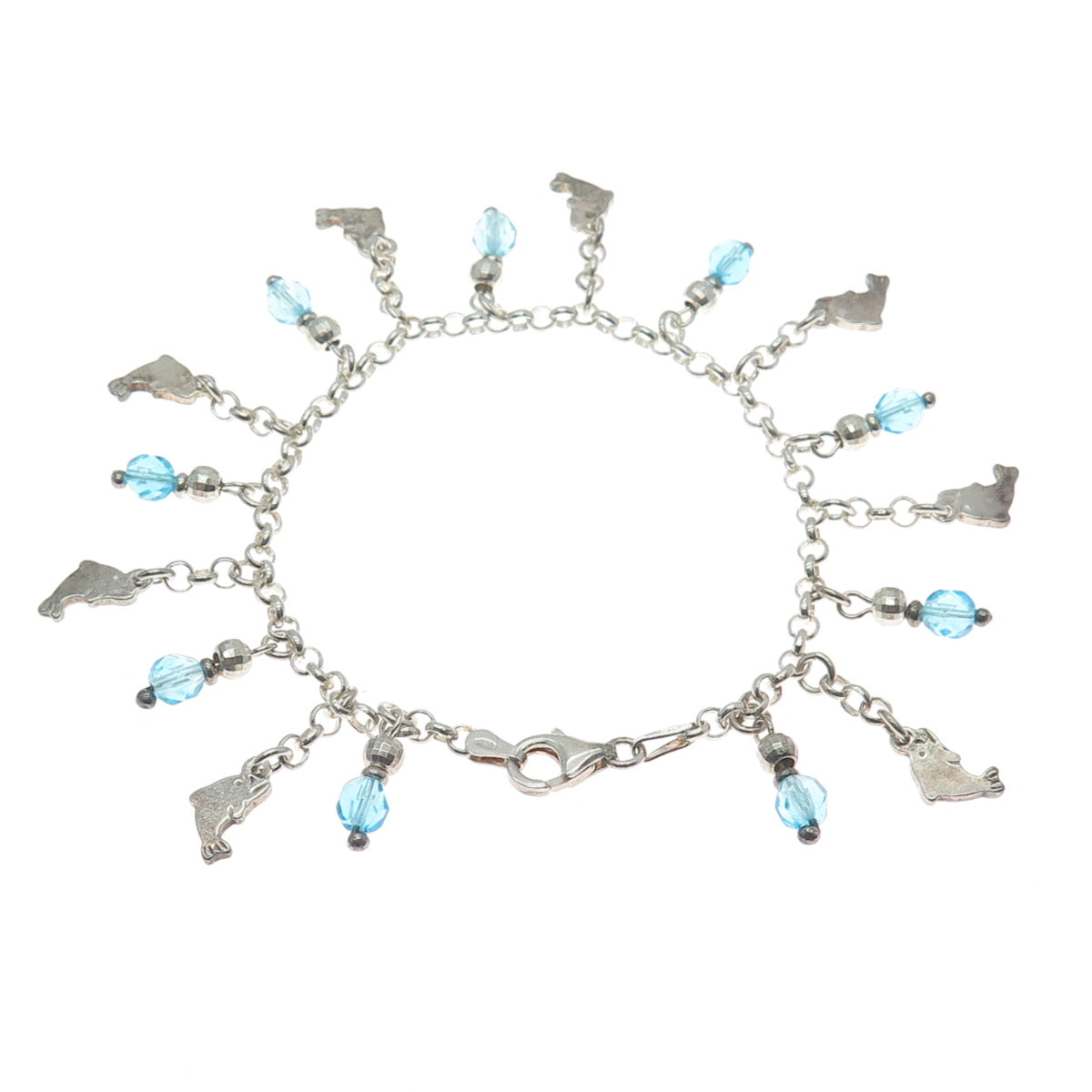 925 Sterling Silver Vintage Italy Crystal Dolphin Charm Rolo Link Bracelet 7"