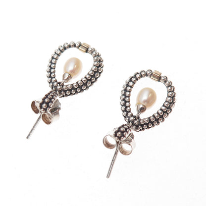 925 Sterling Silver 14K Gold Vintage Real Pearl Dotted Teardrop Dangle Earrings