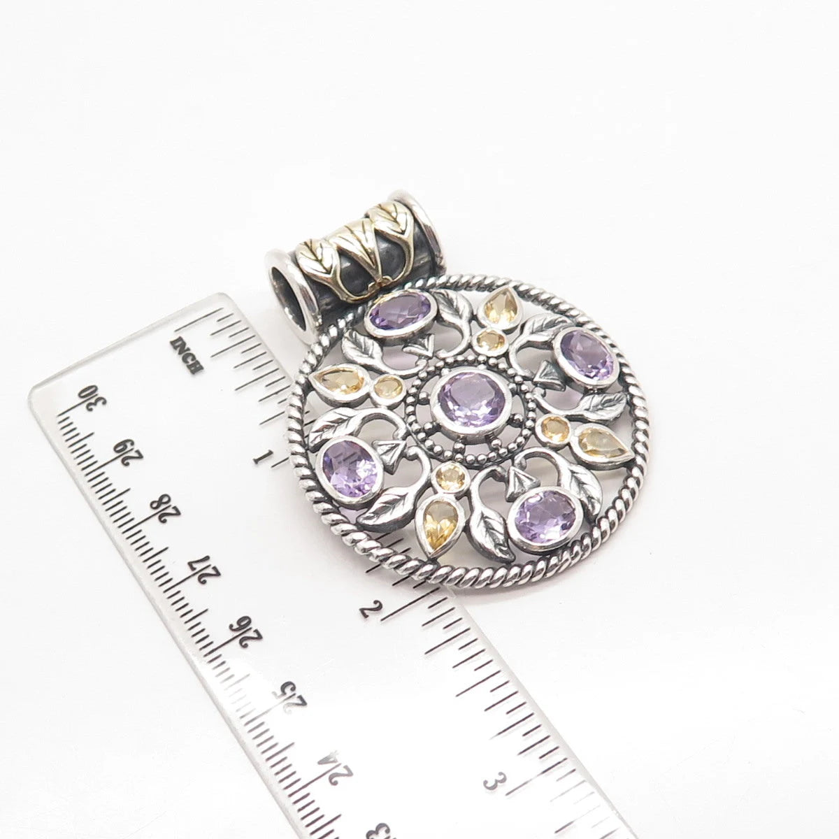 925 Sterling Silver Vintage Real Amethyst & Citrine Gemstone Ornate Pendant