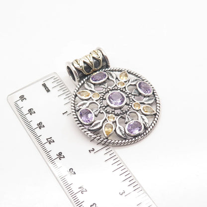 925 Sterling Silver Vintage Real Amethyst & Citrine Gemstone Ornate Pendant