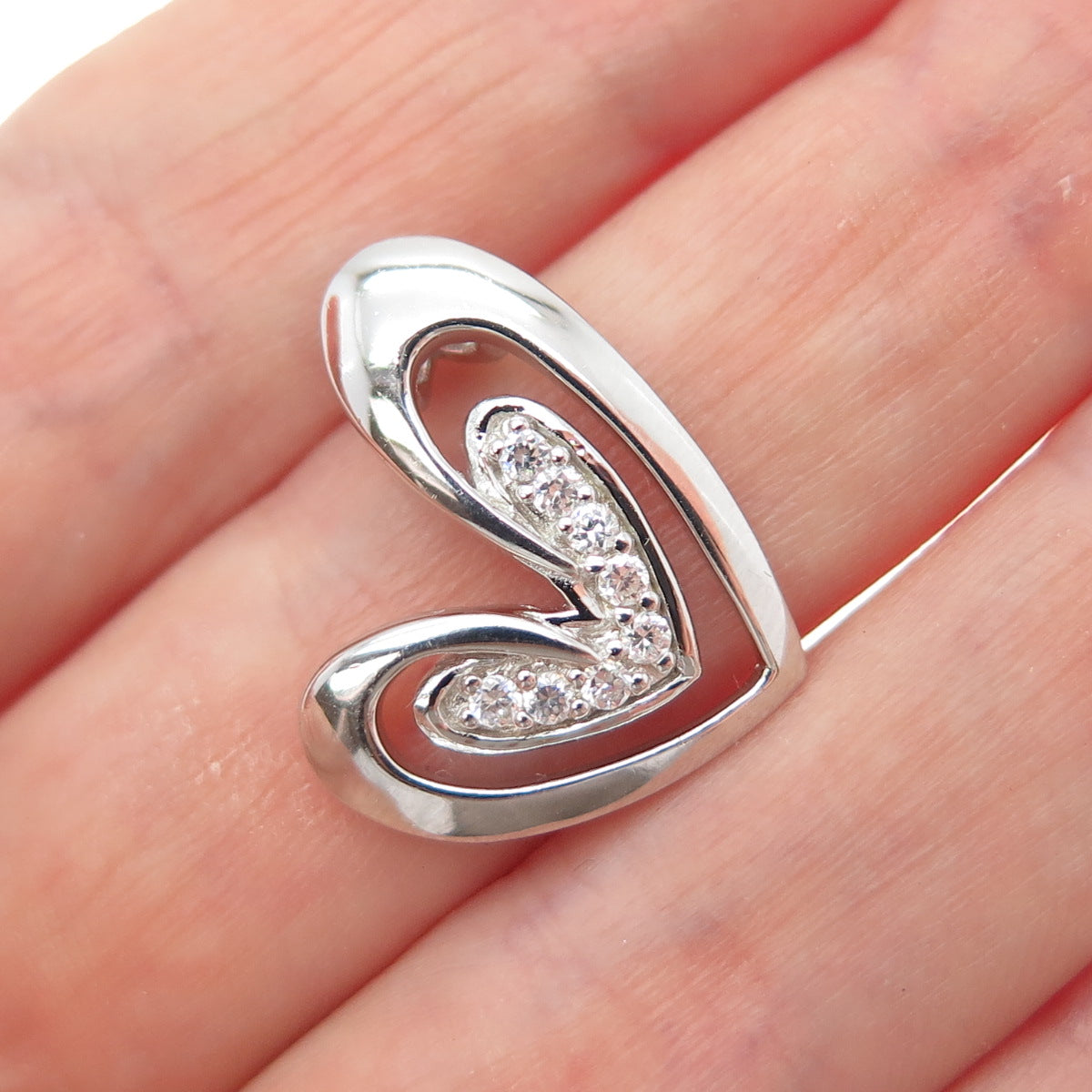 925 Sterling Silver Round-Cut C Z Heart Minimalist Slide Pendant