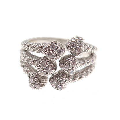 Judith Ripka 925 Sterling Silver C Z Heart 3-Row Adjustable Ring Size 7.75