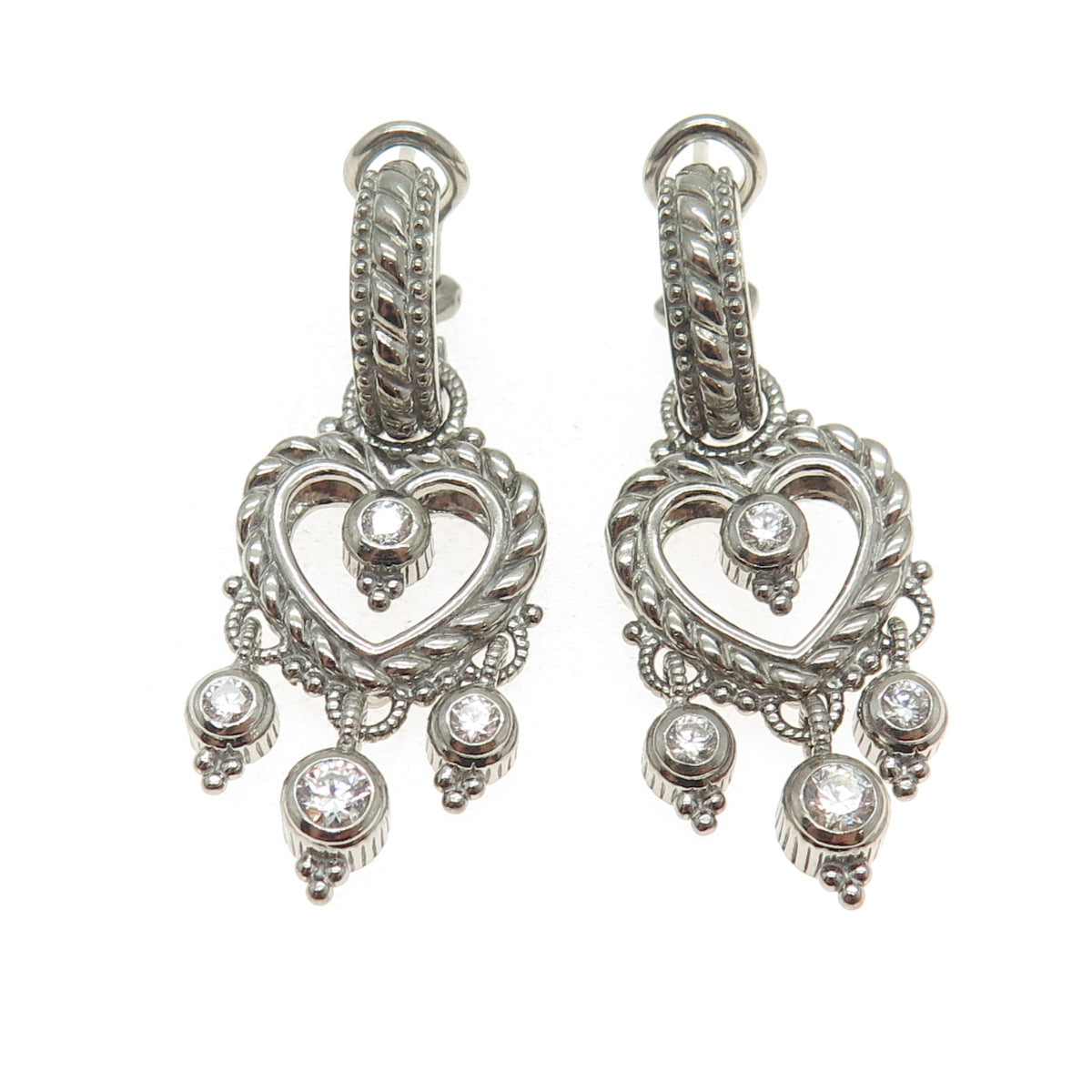 JUDITH RIPKA 925 Sterling Silver Round-Cut C Z Heart Charm Omega Back Earrings