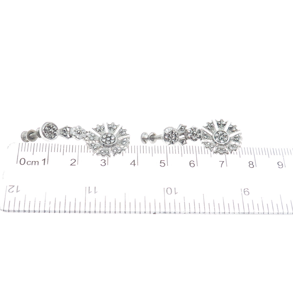 925 Sterling Silver Antique Real Marcasite Gemstone Flower Dangle Earrings