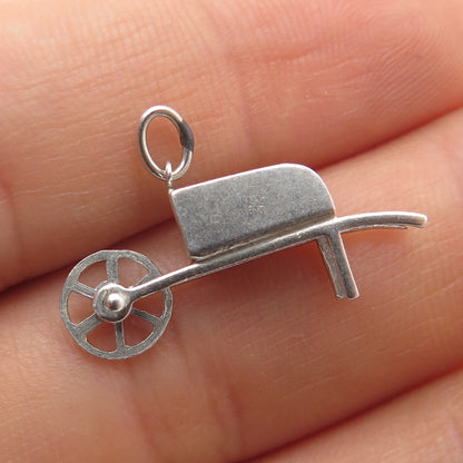 925 Sterling Silver Antique Wheelbarrow Gardening Minimalist 3D Charm Pendant