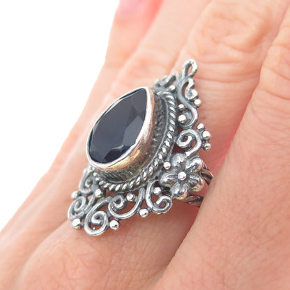 925 Sterling Silver Vintage Lab-Created Sapphire Flower Oxidized Ring Size 8.25