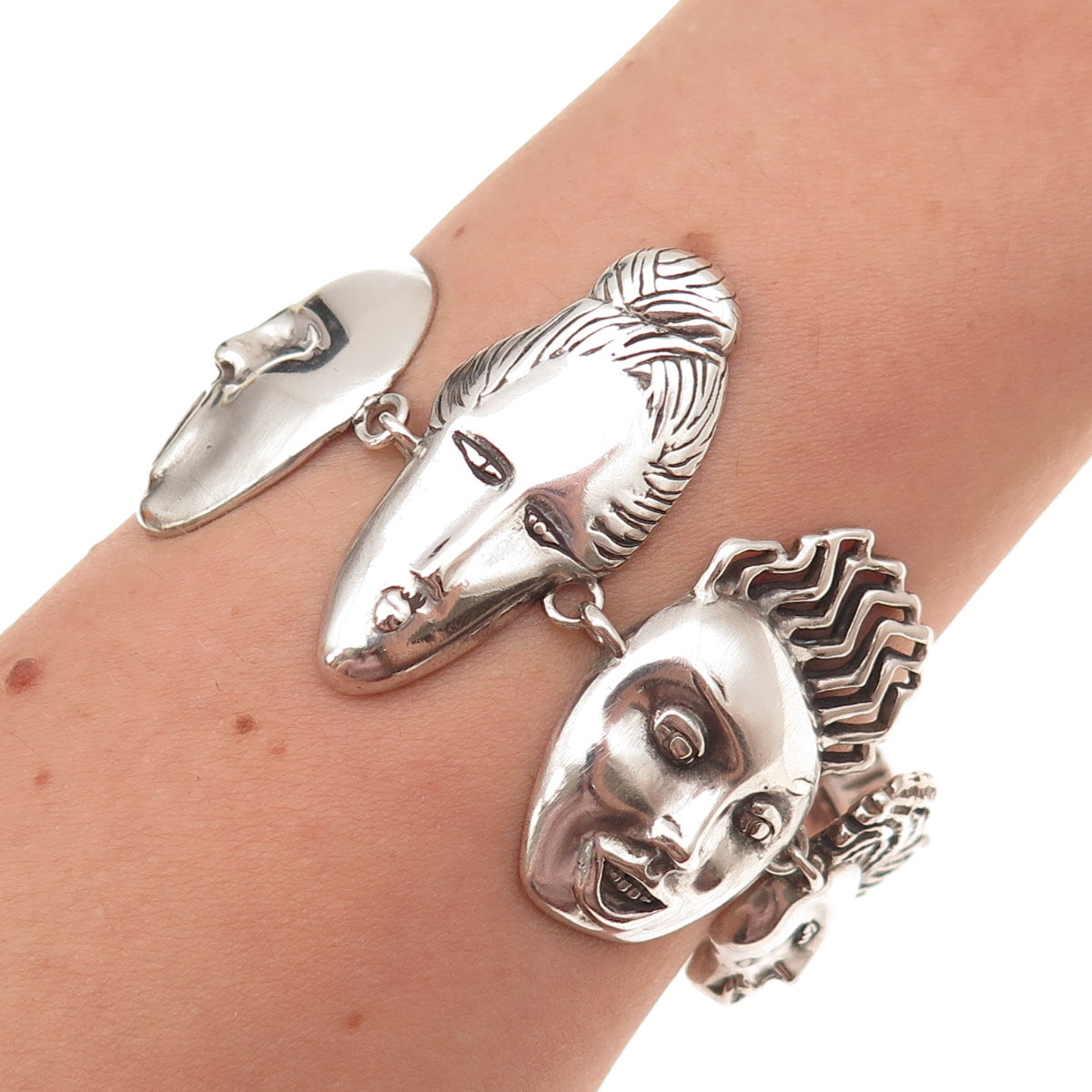 Nancy Hoyt Sterling Silver Vintage Abstract Masks Bracelet 6.75" (missing lock)