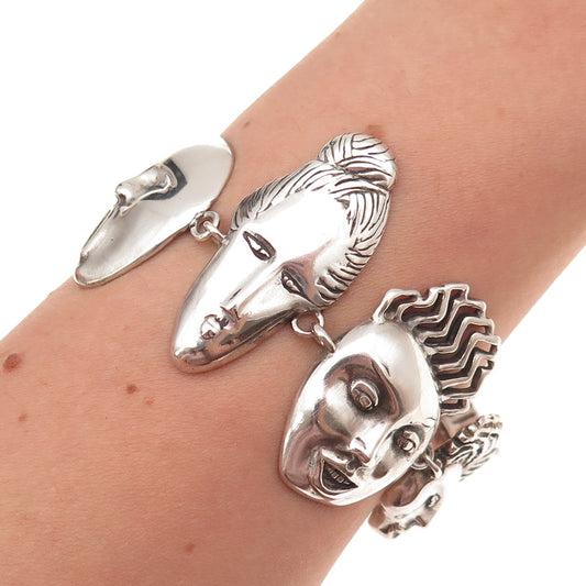 Nancy Hoyt Sterling Silver Vintage Abstract Masks Bracelet 6.75" (missing lock)