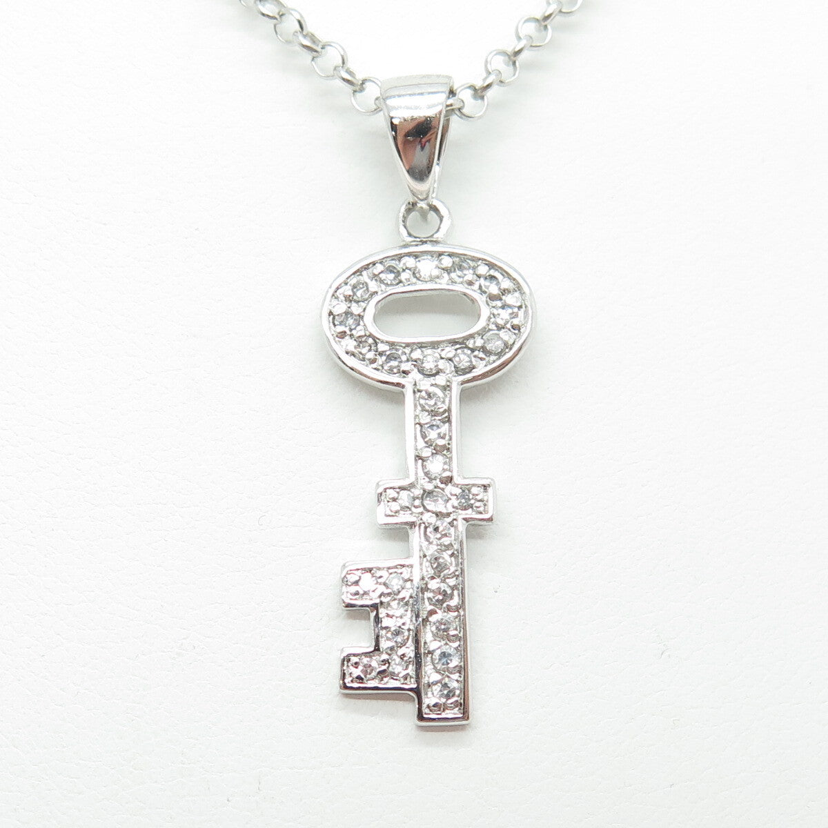 925 Sterling Silver Round-Cut C Z Key Rolo Chain Necklace 16"