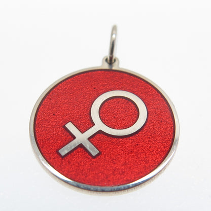 925 Sterling Silver Red Enamel Female Sign Round Tag Minimalist Charm Pendant