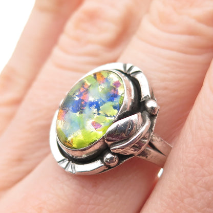 925 Sterling Silver Vintage Mexico Dichroic Glass Oxidized Ring Size 8.5