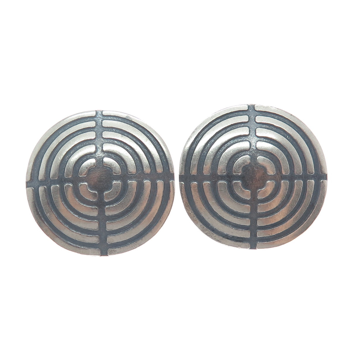 925 Sterling Silver Vintage Mexico Maze Oxidized Round Earrings