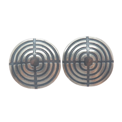 925 Sterling Silver Vintage Mexico Maze Oxidized Round Earrings