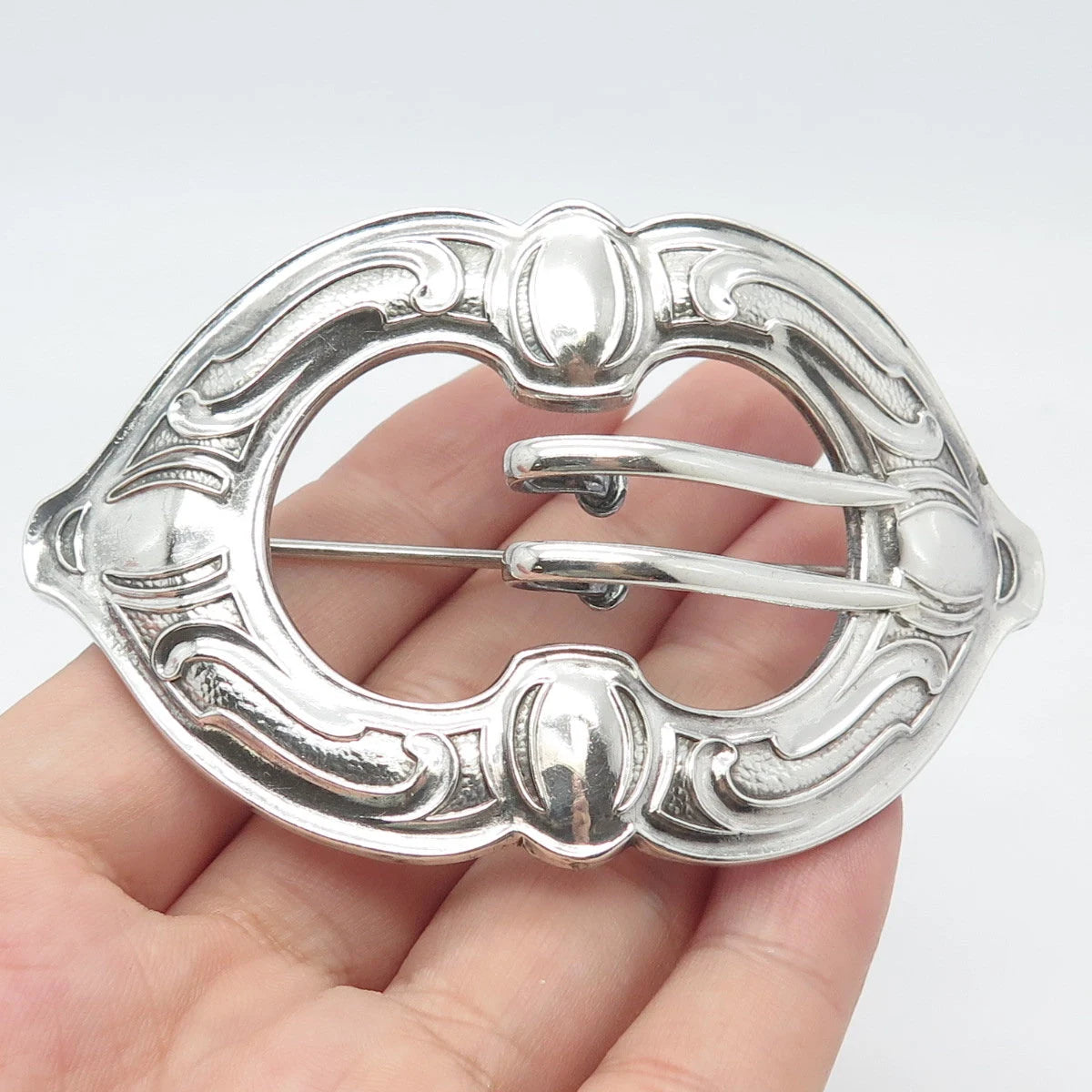 925 Sterling Silver Vintage Ornate Belt Buckle Pin Brooch