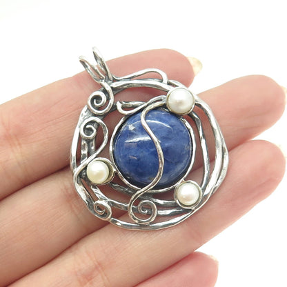 925 Sterling Silver Vintage Real Sodalite & Pearl Modernist Swirl Pendant