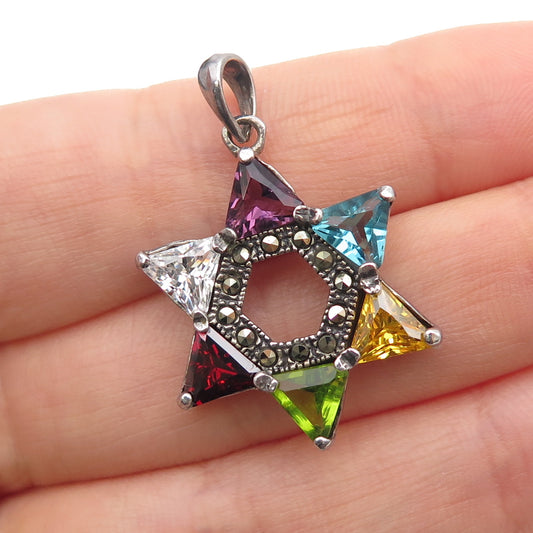 925 Sterling Vintage Real Multi-Gem Marcasite & C Z Star of David Charm Pendant
