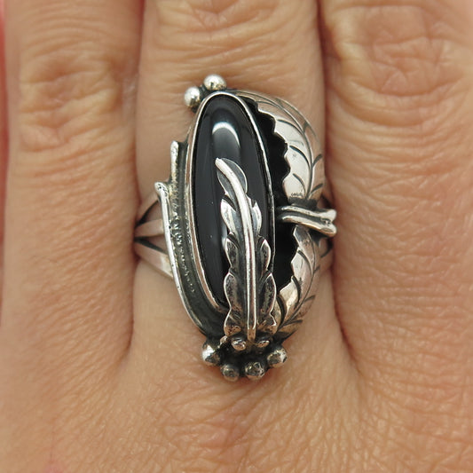 JAMES HARRISON NAVAJO Old Pawn Sterling Silver Black Onyx Feather Ring Size 8.75