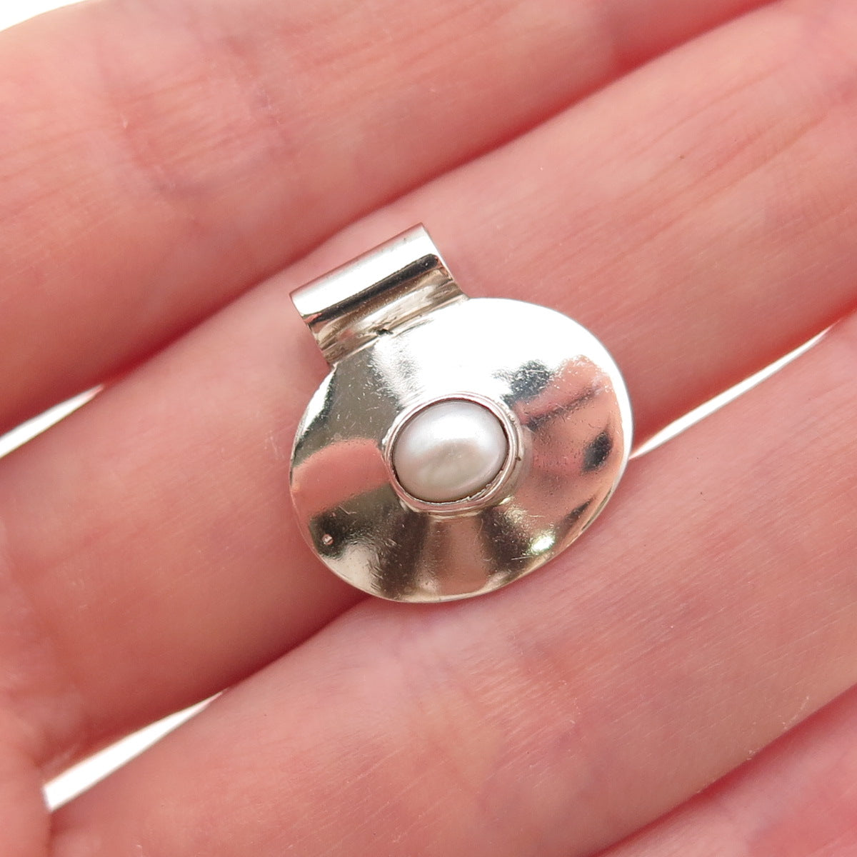 925 Sterling Silver Vintage Real Pearl Modernist Disc Slide Charm Pendant