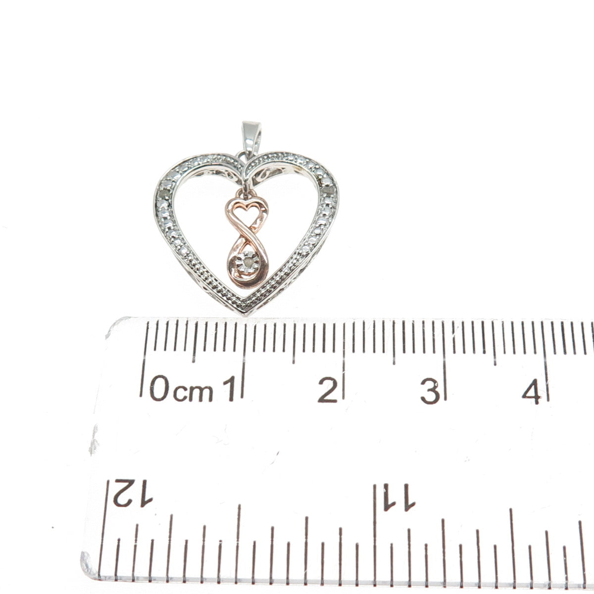 925 Sterling Silver 2-Tone Real Round-Cut Diamond Heart Charm Pendant