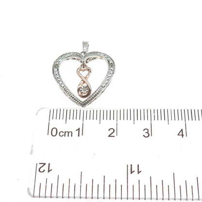 925 Sterling Silver 2-Tone Real Round-Cut Diamond Heart Charm Pendant