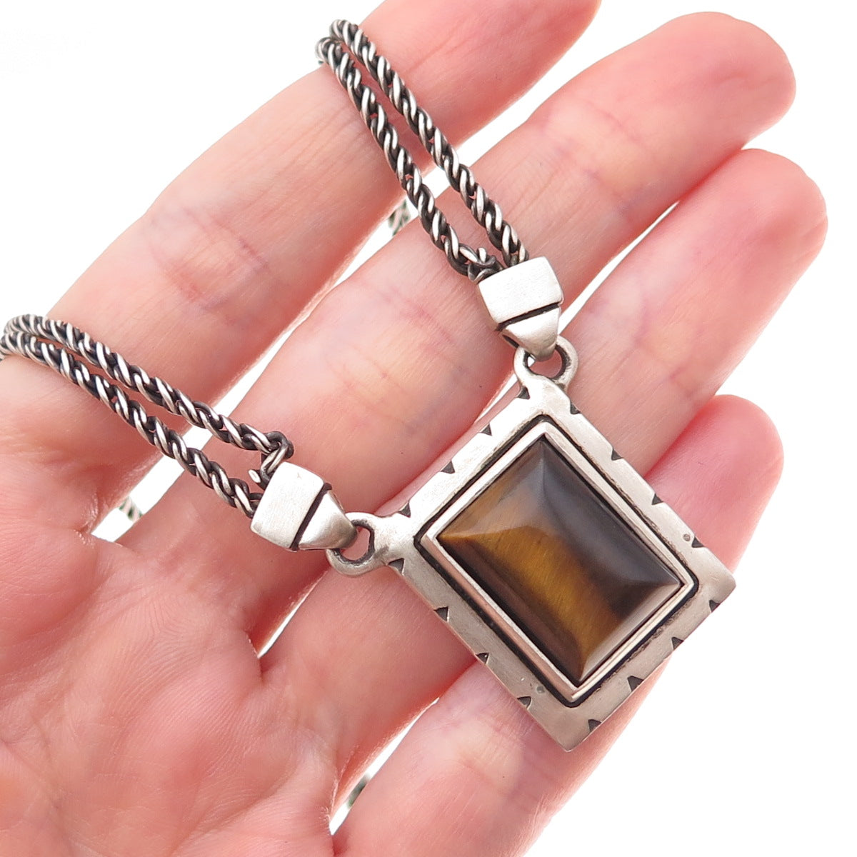 Lisa Jenks 925 Sterling Silver Vintage Real Tiger Eye Modernist Necklace 16"