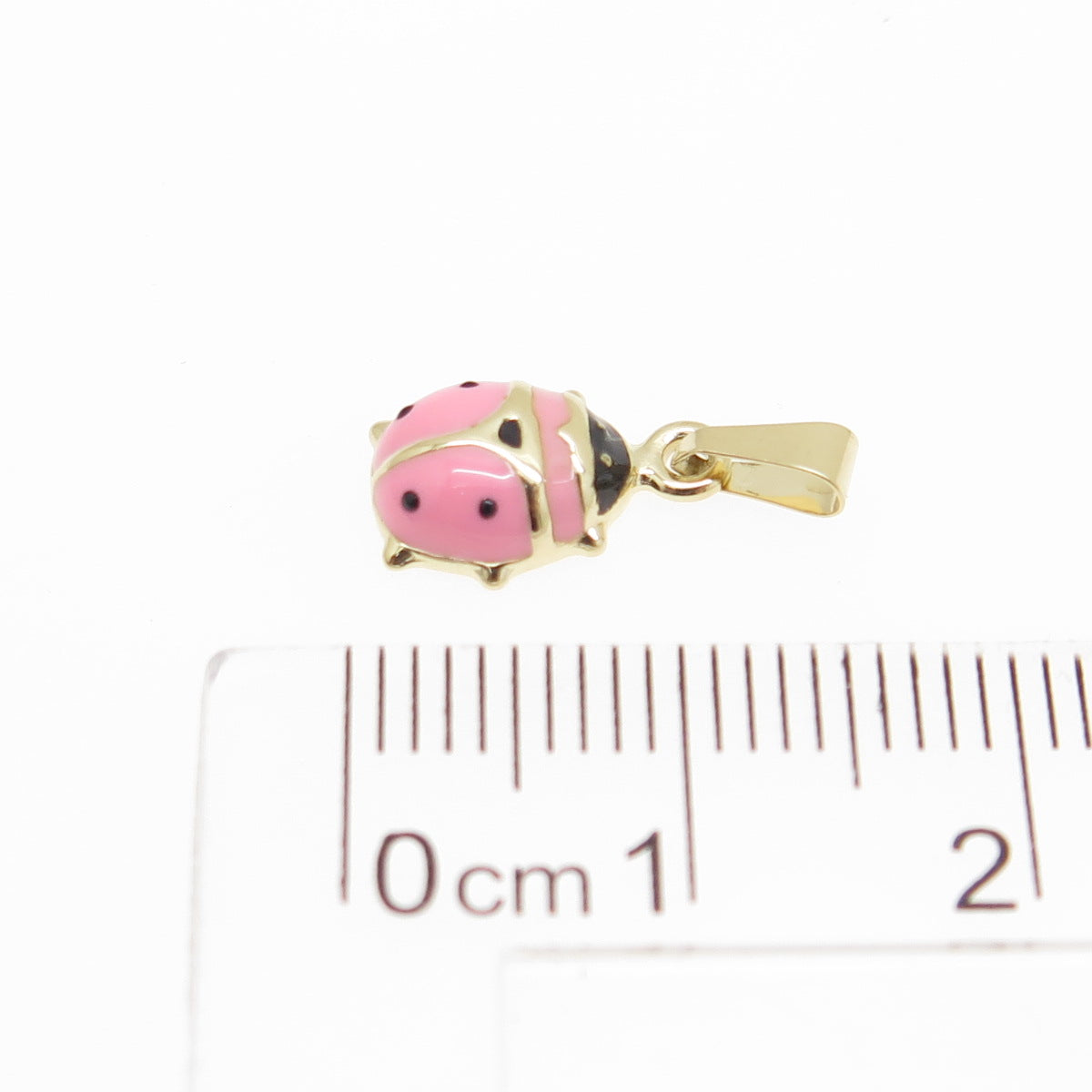 14K Yellow Gold Enamel Pink Ladybug Minimalist Charm Pendant