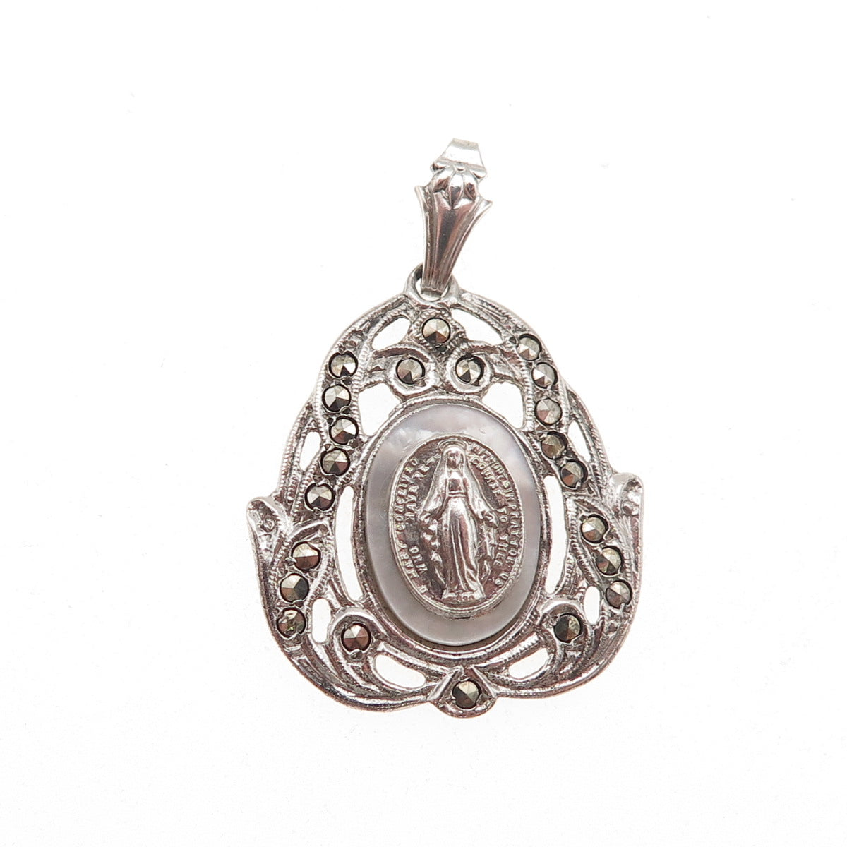 925 Sterling Silver Antique Art Deco Real MOP & Marcasite St. Mary Charm Pendant
