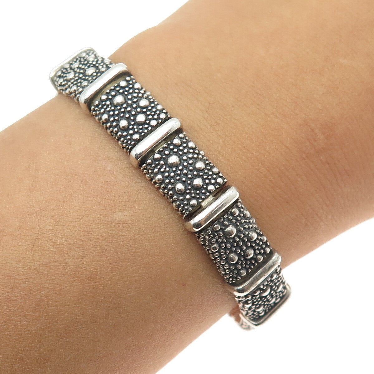 MICHAEL DAWKINS 925 Sterling Silver Granulated Panel Link Bracelet 6.5"