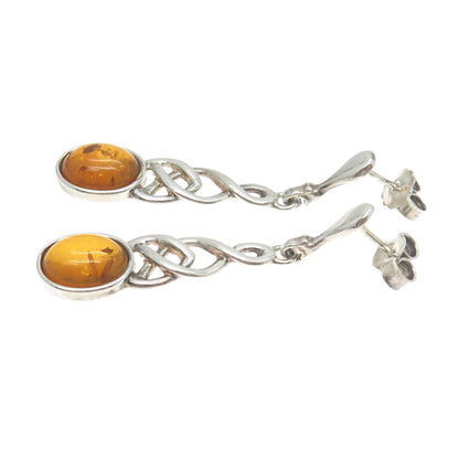 925 Sterling Silver Vintage Real Amber Celtic Trinity & Infinity Knot Earrings