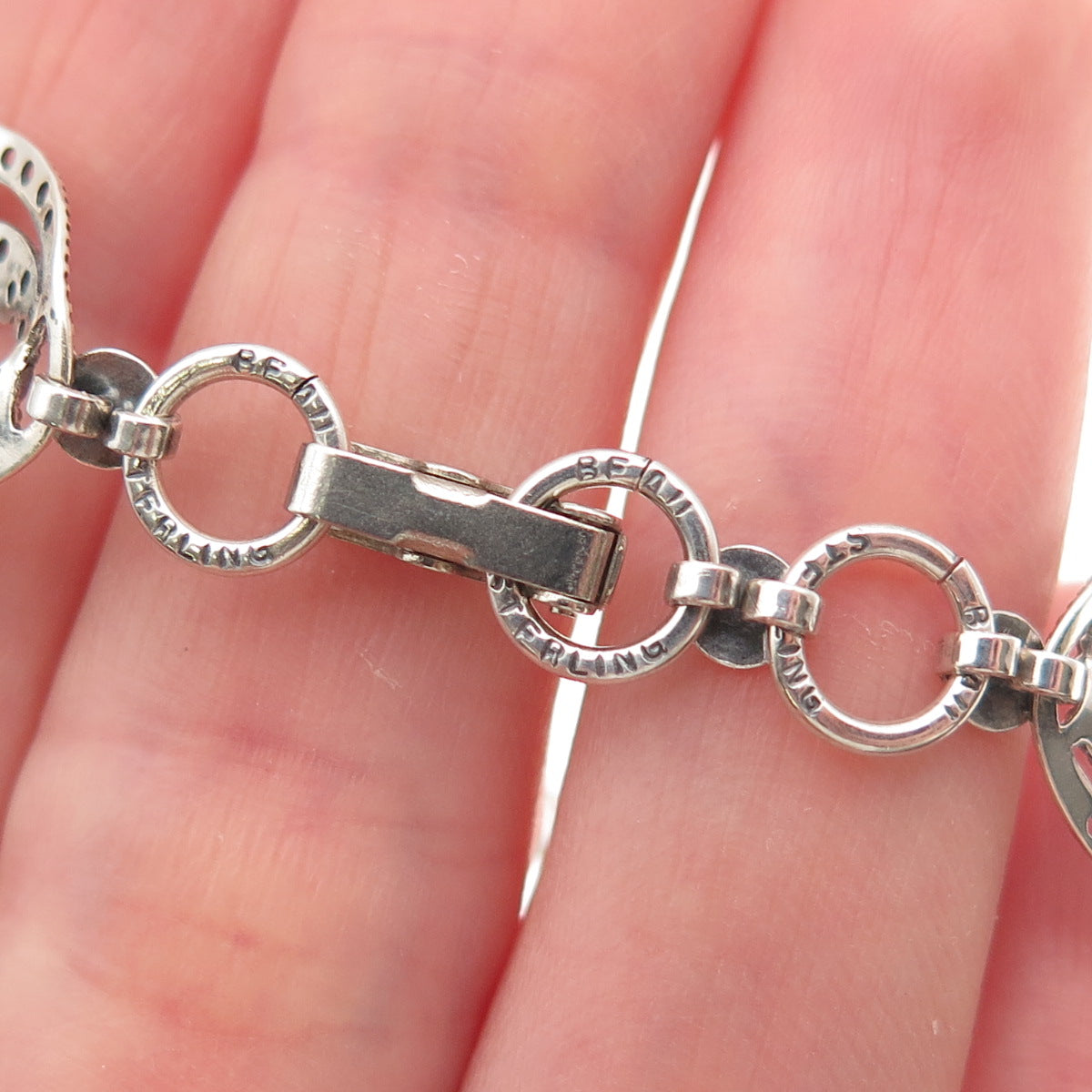 BEAU Sterling Silver Antique Art Deco Petal Filigree Oxidized Link Bracelet 7"