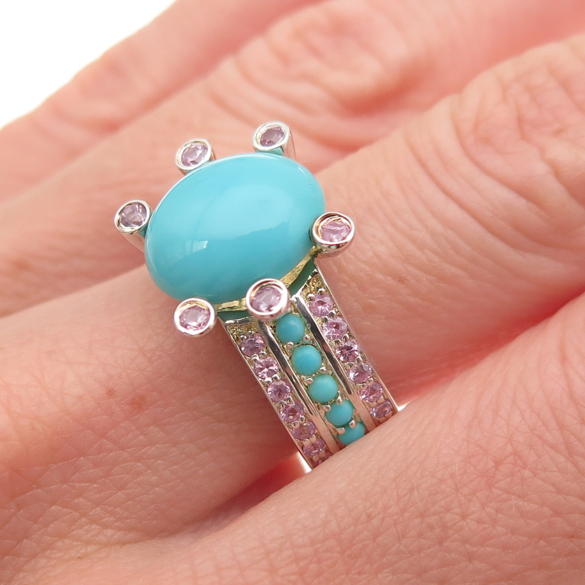 925 Sterling Silver Real Turquoise Pink Topaz & Sapphire Ring Size 8