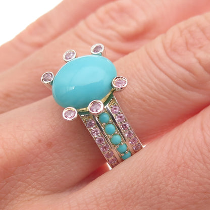 925 Sterling Silver Real Turquoise Pink Topaz & Sapphire Ring Size 8