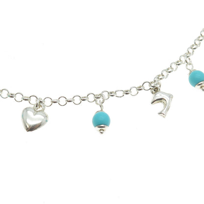 925 Sterling Silver Italy Real Turquoise Dolphin & Heart Chain Necklace 16"