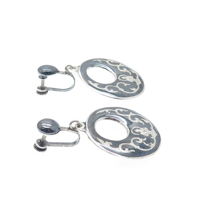 925 Sterling Silver Antique Siam Niello Buddha Crescent Screw Back Earrings
