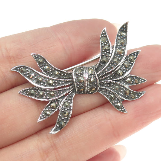 925 Sterling Silver Vintage Real Marcasite Gemstone Bow Pin Brooch
