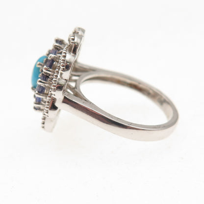 Chuck Clemency 925 Sterling Silver Real Turquoise & Tanzanite Floral Ring Size 7