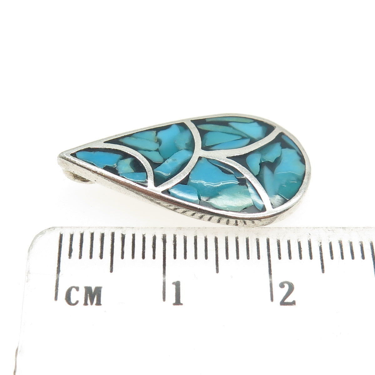 Old Pawn Sterling Silver Vintage Southwestern Turquoise Inlay Teardrop Pendant