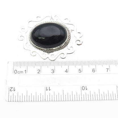925 Sterling Silver Vintage Mexico Real Black Onyx Swirl Pin Brooch / Pendant