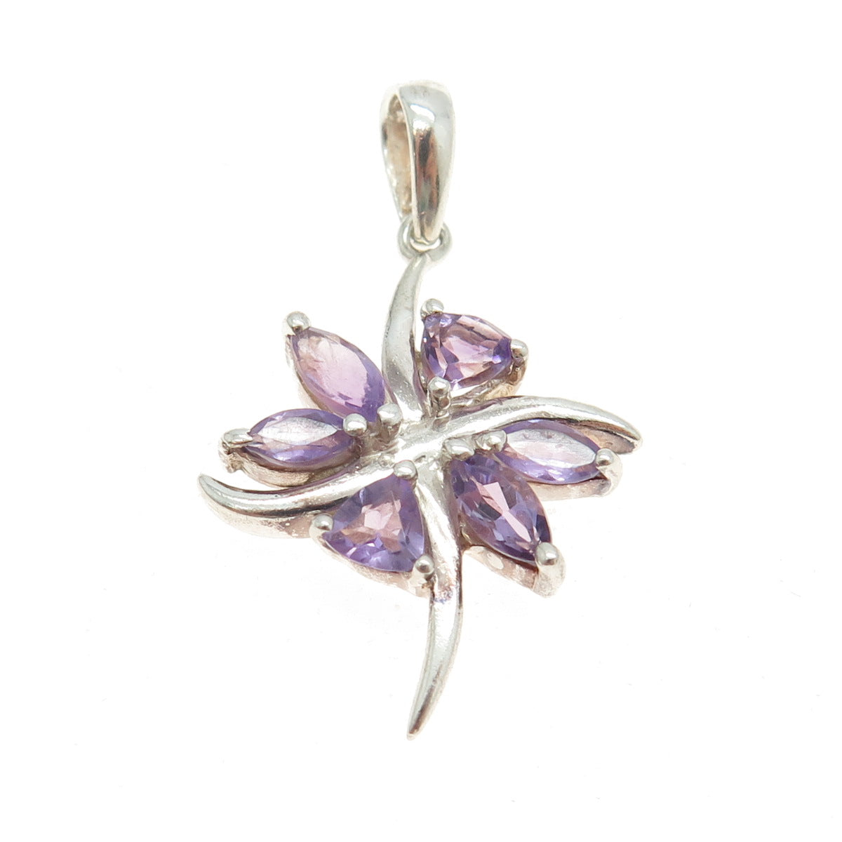 925 Sterling Silver Real Marquise & Triangle-Cut Amethyst Floral Pendant